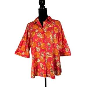 Norm Thompson Orange Hawaiian Shirt Floral Print Button-Up Top Women's PL